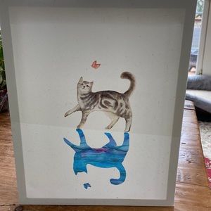 Whimsical cat wall hanging.  Pre-owned.  11x14x2.5”. Cat with butterfly.